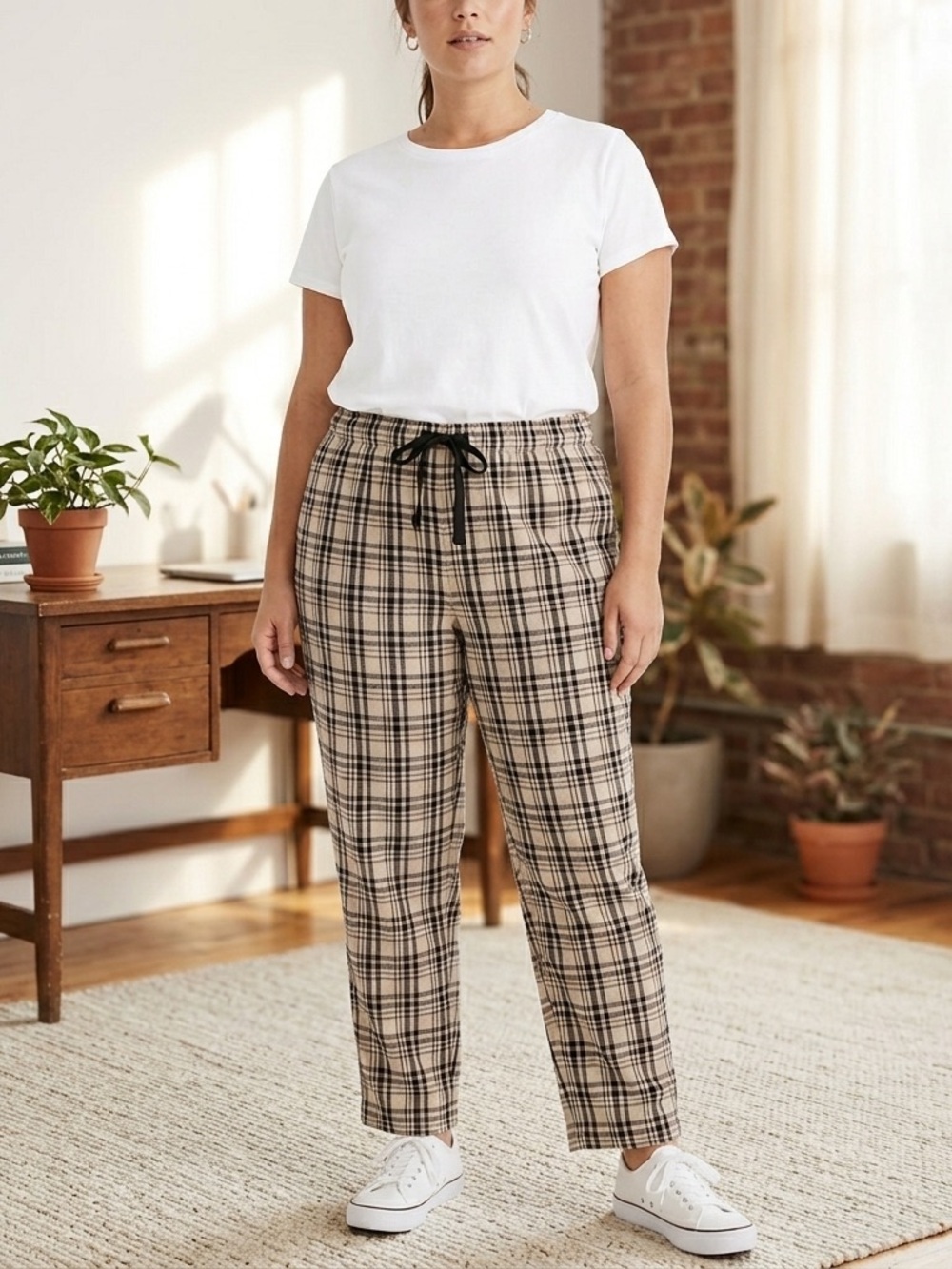 🔴 Zara High-Rise Plaid Trousers Beige/Black/Brown Check Medium